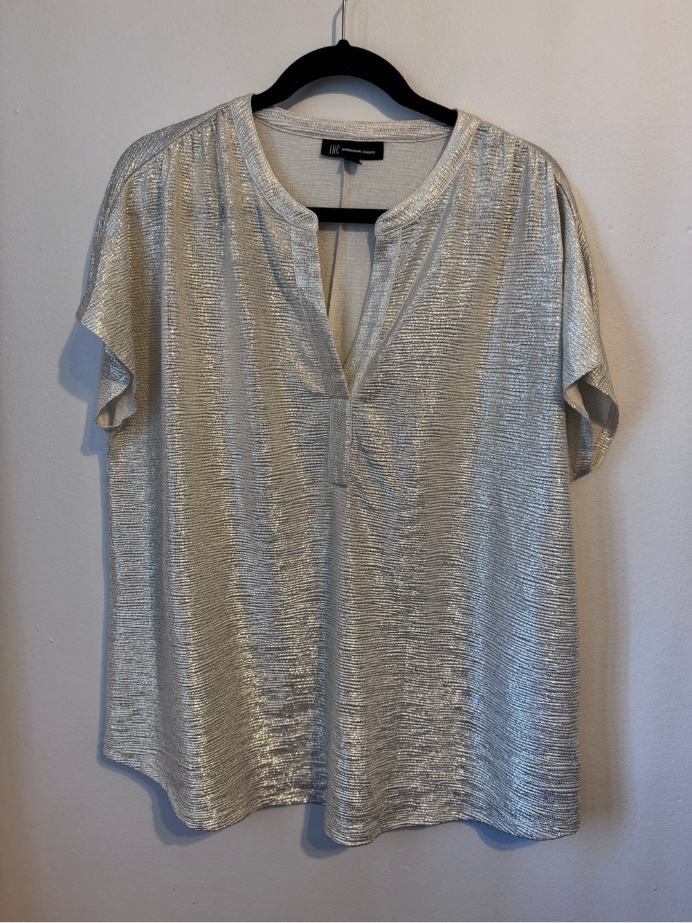 INC International Concepts Silver Metallic Shimmer V-Neck Blouse size 1X